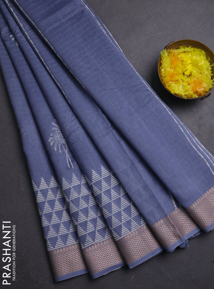 Maheshwari silk cotton saree bluish grey with butta block prints and thread woven border