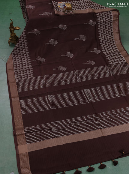 Maheshwari silk cotton saree coffee brown with butta block prints and thread woven border