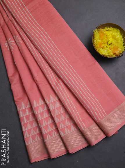 Maheshwari silk cotton saree peach shade with butta block prints and thread woven border