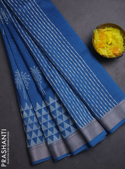 Maheshwari silk cotton saree cs blue with butta block prints and thread woven border