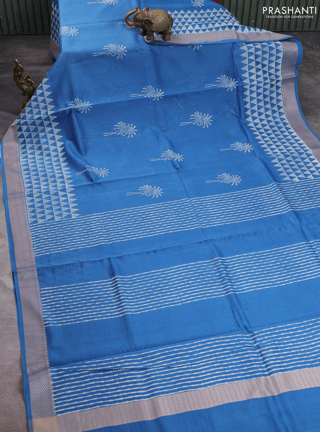 Maheshwari silk cotton saree cs blue with butta block prints and thread woven border