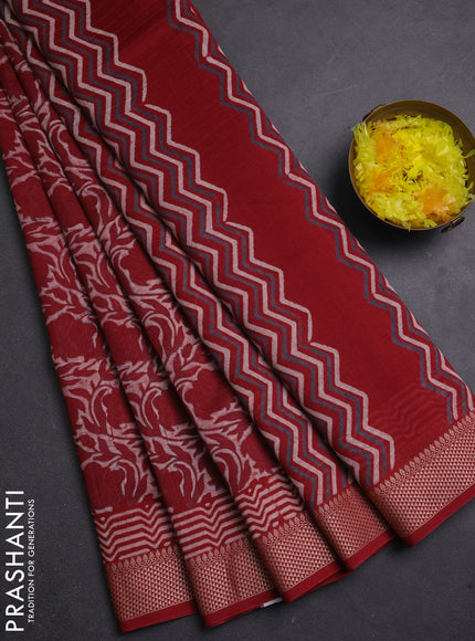 Maheshwari silk cotton saree off white and red with allover kalamkari block prints and thread woven border