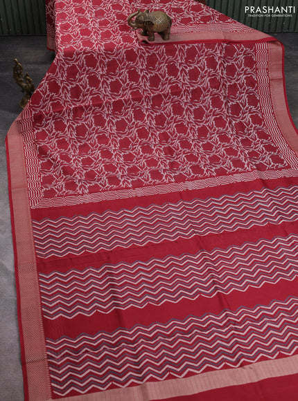 Maheshwari silk cotton saree off white and red with allover kalamkari block prints and thread woven border
