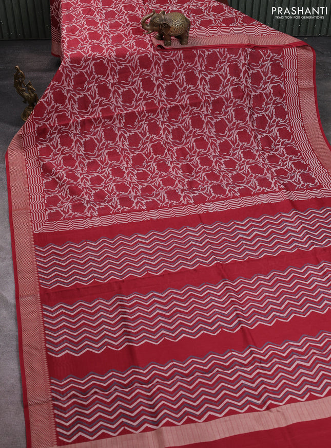 Maheshwari silk cotton saree off white and red with allover kalamkari block prints and thread woven border