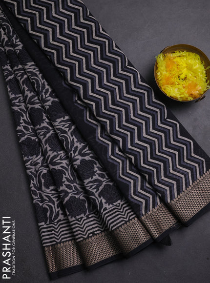 Maheshwari silk cotton saree beige and black with allover kalamkari block prints and thread woven border