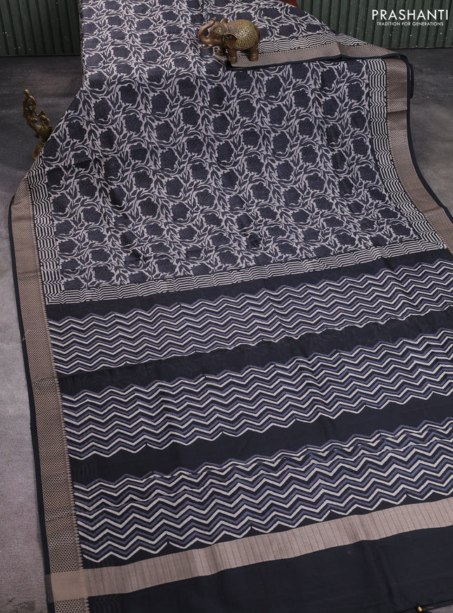 Maheshwari silk cotton saree beige and black with allover kalamkari block prints and thread woven border