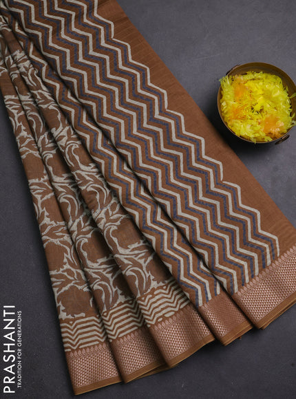 Maheshwari silk cotton saree beige and dark mustard with allover kalamkari block prints and thread woven border