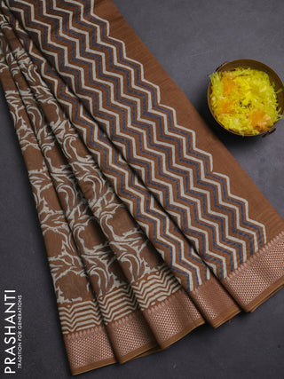 Maheshwari silk cotton saree beige and dark mustard with allover kalamkari block prints and thread woven border