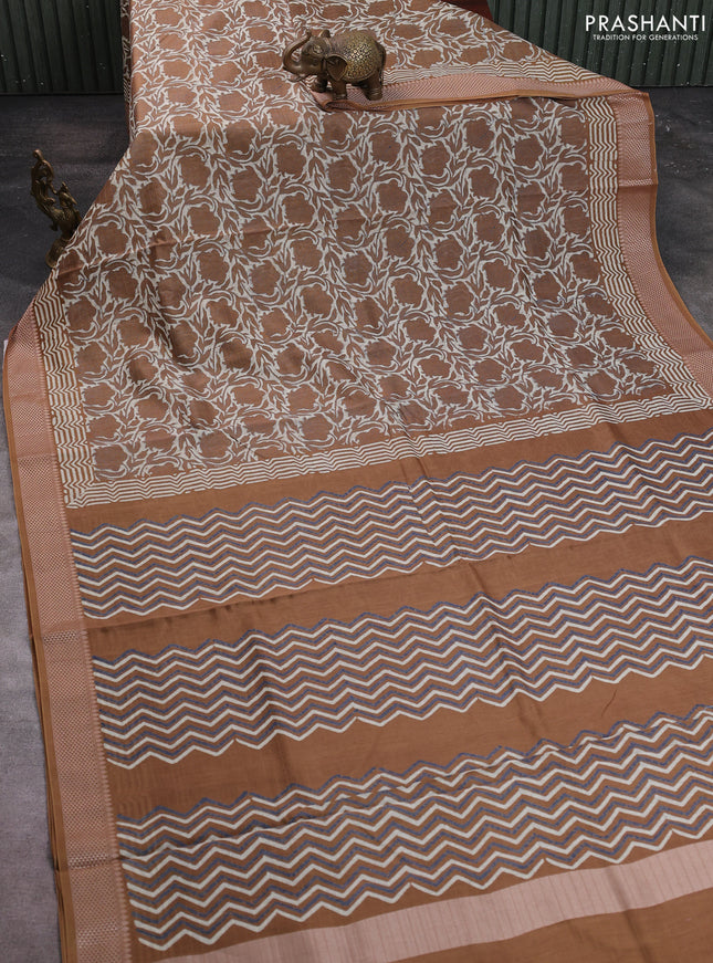 Maheshwari silk cotton saree beige and dark mustard with allover kalamkari block prints and thread woven border