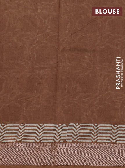 Maheshwari silk cotton saree beige and dark mustard with allover kalamkari block prints and thread woven border