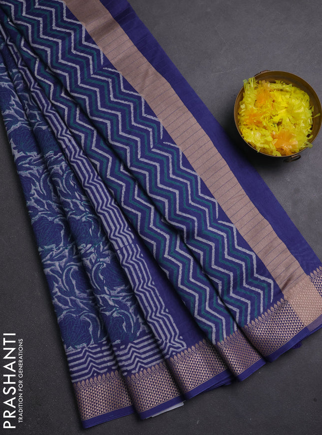 Maheshwari silk cotton saree off white and blue with allover kalamkari block prints and thread woven border