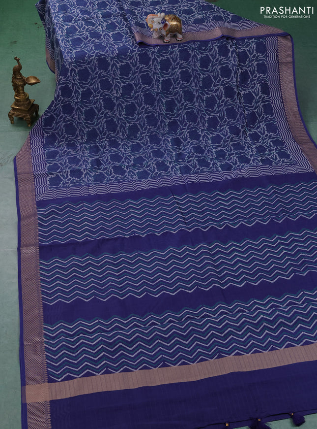 Maheshwari silk cotton saree off white and blue with allover kalamkari block prints and thread woven border