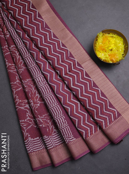 Maheshwari silk cotton saree wine shade with allover kalamkari block prints and thread woven border