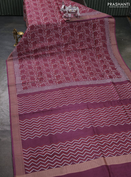 Maheshwari silk cotton saree wine shade with allover kalamkari block prints and thread woven border