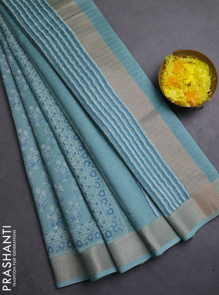 Maheshwari silk cotton saree pastel blue with allover butta block prints and thread woven border