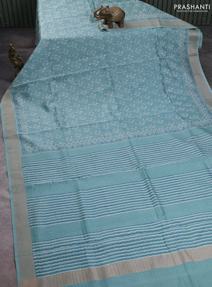 Maheshwari silk cotton saree pastel blue with allover butta block prints and thread woven border