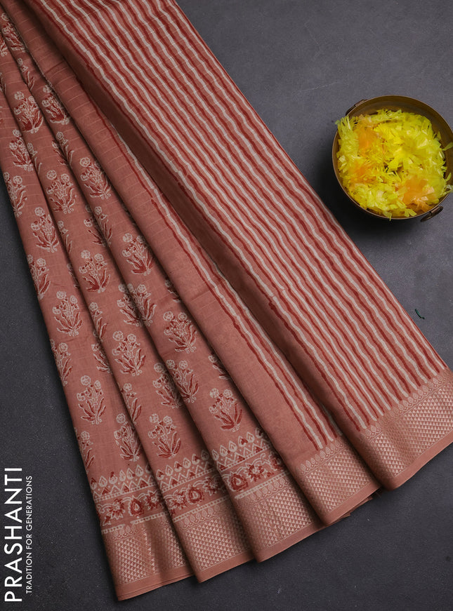 Maheshwari silk cotton saree pastel peach with allover butta block prints and thread woven border