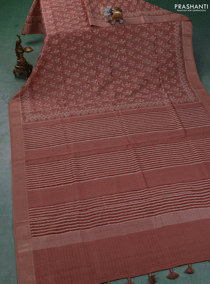 Maheshwari silk cotton saree pastel peach with allover butta block prints and thread woven border