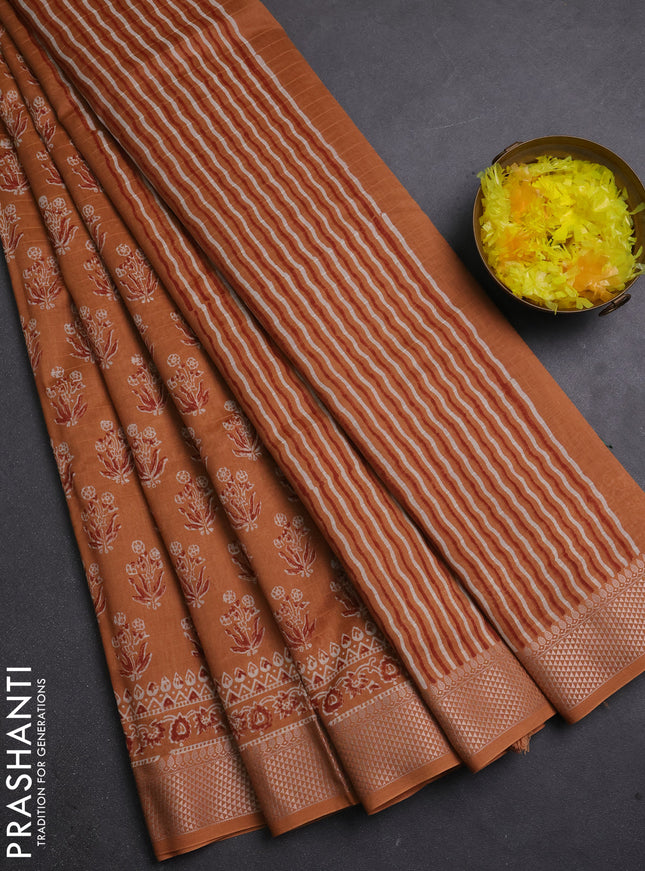 Maheshwari silk cotton saree rust shade with allover butta block prints and thread woven border