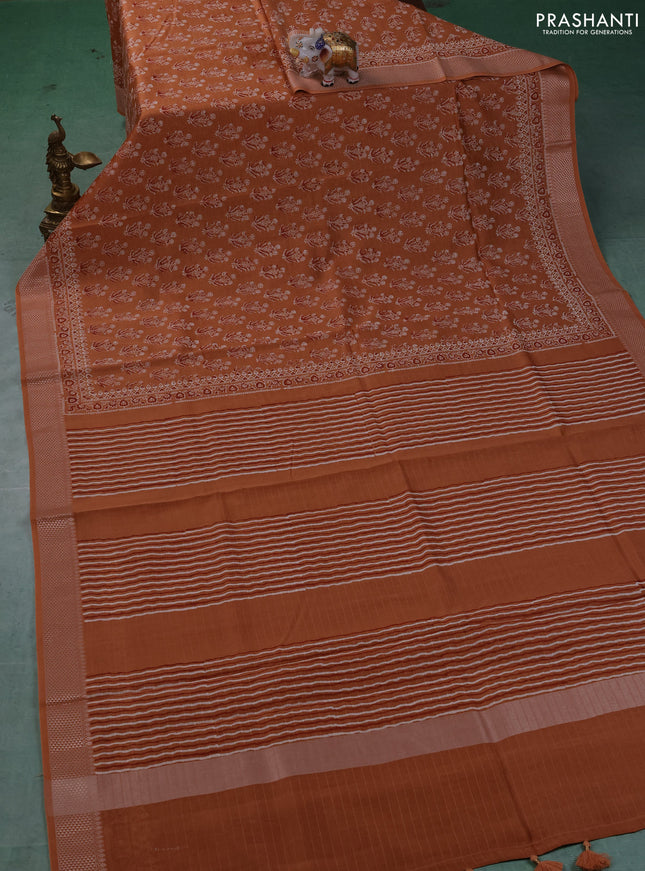 Maheshwari silk cotton saree rust shade with allover butta block prints and thread woven border