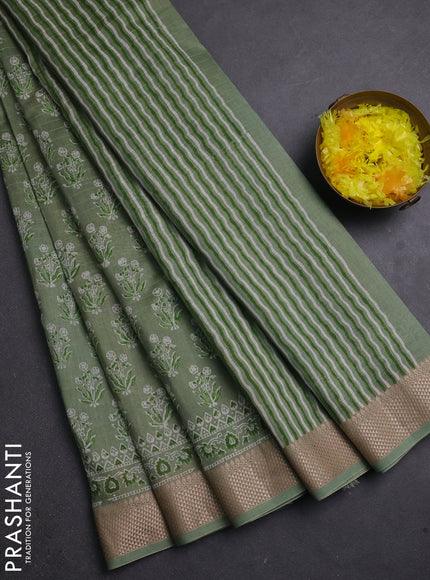 Maheshwari silk cotton saree pastel green with allover butta block prints and thread woven border
