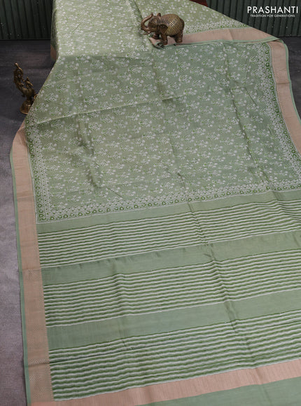 Maheshwari silk cotton saree pastel green with allover butta block prints and thread woven border