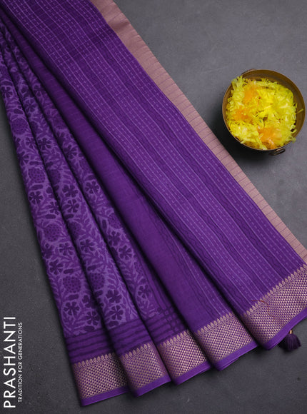 Maheshwari silk cotton saree violet with allover block prints and thread woven border