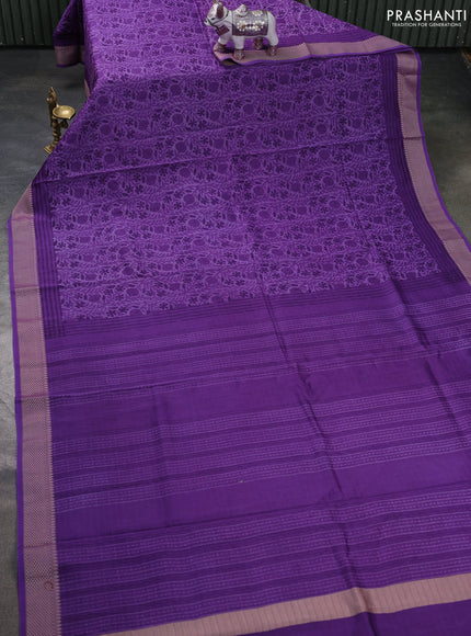 Maheshwari silk cotton saree violet with allover block prints and thread woven border