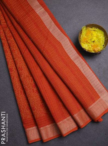 Maheshwari silk cotton saree orange with allover block prints and thread woven border