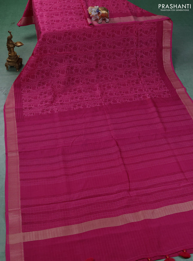 Maheshwari silk cotton saree light pink and pink with allover block prints and thread woven border