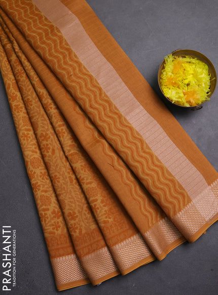 Maheshwari silk cotton saree dark mustard with allover block prints and thread woven border