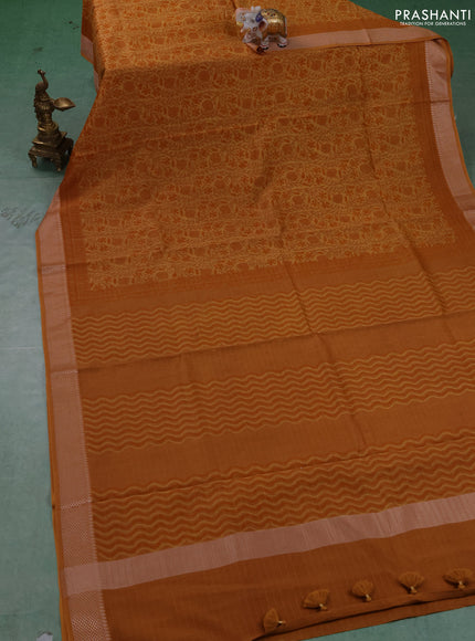 Maheshwari silk cotton saree dark mustard with allover block prints and thread woven border