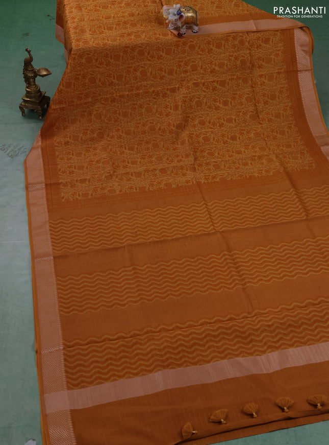 Maheshwari silk cotton saree dark mustard with allover block prints and thread woven border