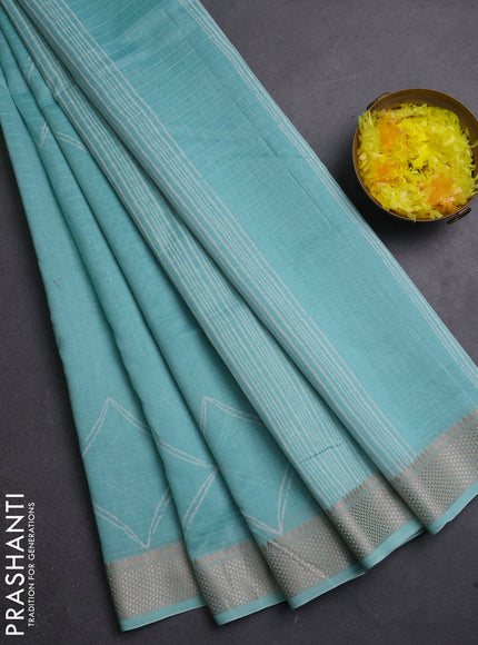 Maheshwari silk cotton saree teal blue with butta block prints and thread woven border