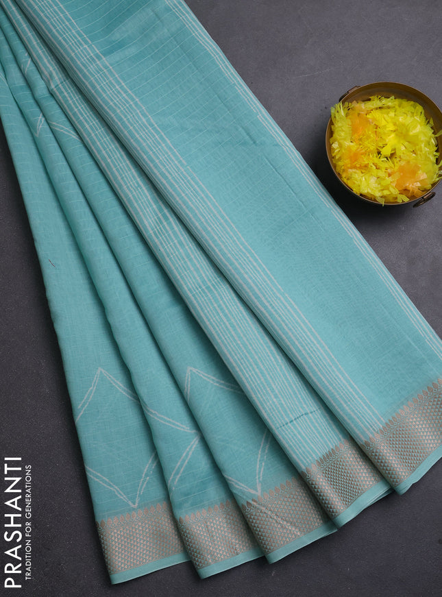 Maheshwari silk cotton saree teal blue with butta block prints and thread woven border
