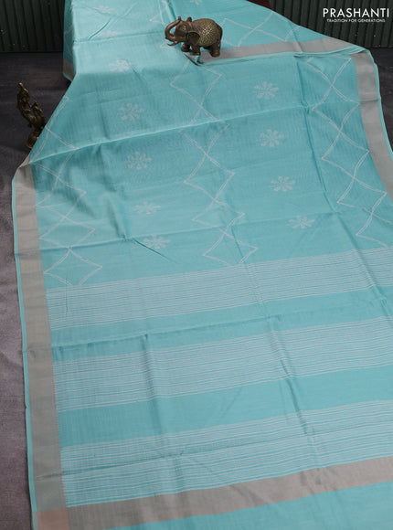 Maheshwari silk cotton saree teal blue with butta block prints and thread woven border