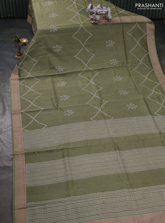Maheshwari silk cotton saree pastel green with butta block prints and thread woven border