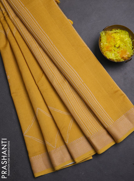 Maheshwari silk cotton saree yellow with butta block prints and thread woven border
