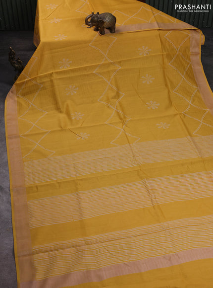 Maheshwari silk cotton saree yellow with butta block prints and thread woven border
