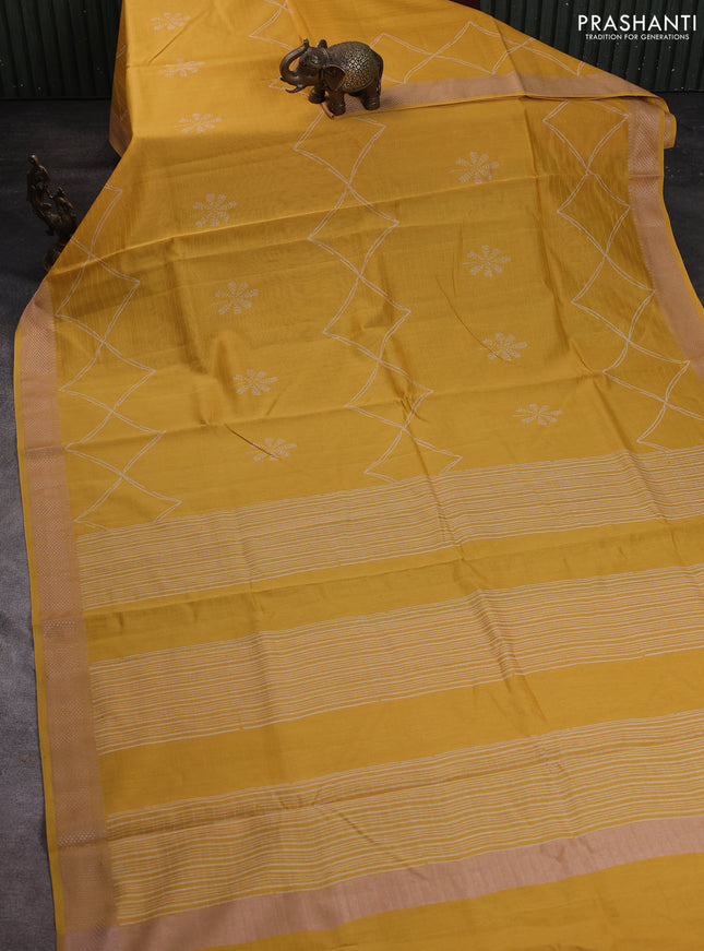 Maheshwari silk cotton saree yellow with butta block prints and thread woven border