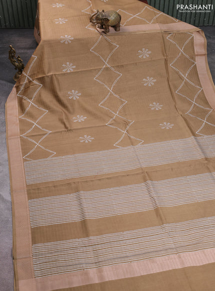 Maheshwari silk cotton saree olive green with butta block prints and thread woven border