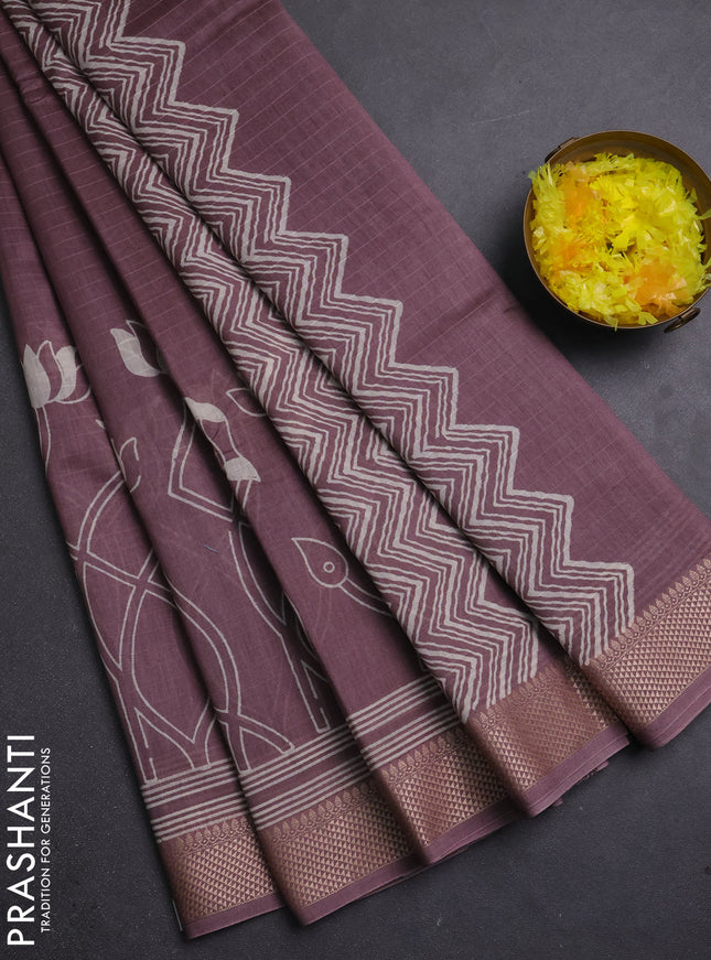 Maheshwari silk cotton saree rosy brown with butta block prints and thread woven border