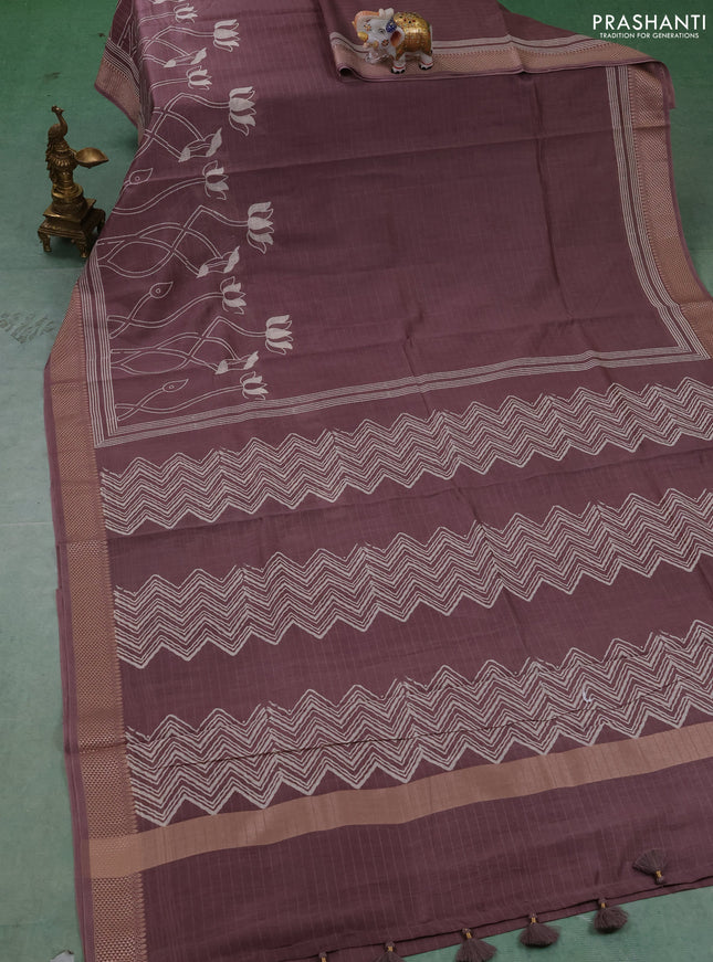 Maheshwari silk cotton saree rosy brown with butta block prints and thread woven border