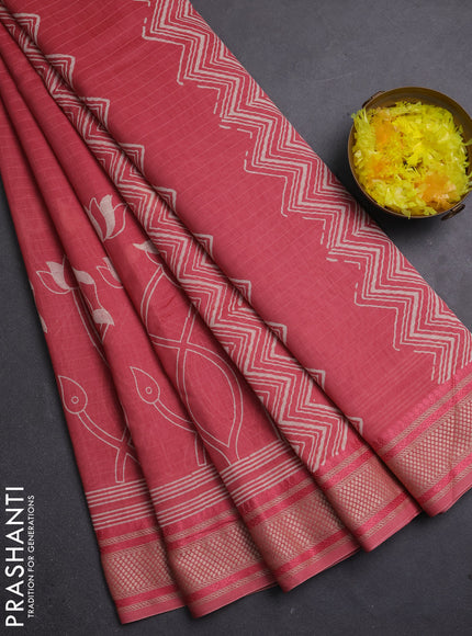 Maheshwari silk cotton saree dark peach with butta block prints and thread woven border