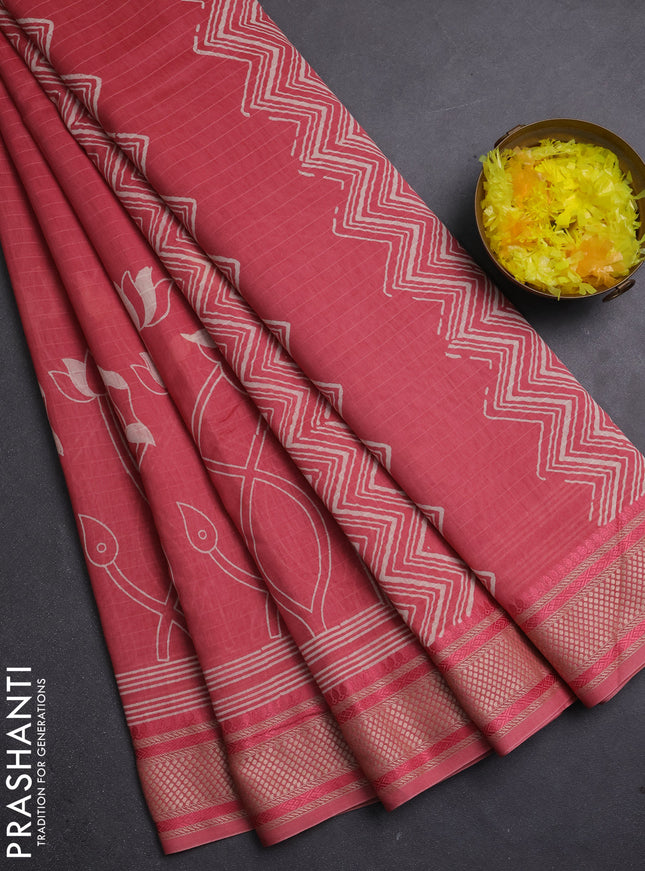 Maheshwari silk cotton saree dark peach with butta block prints and thread woven border