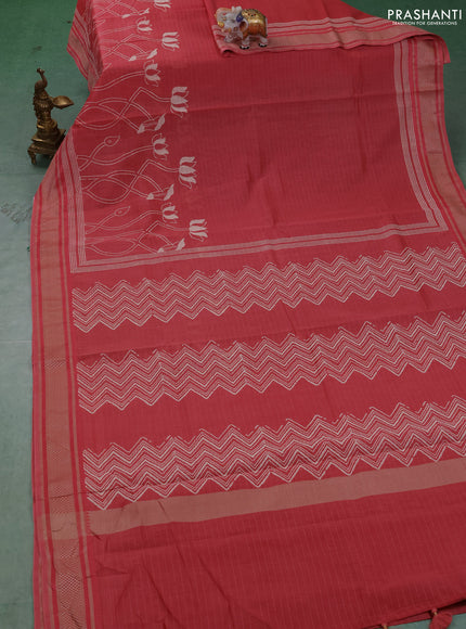 Maheshwari silk cotton saree dark peach with butta block prints and thread woven border