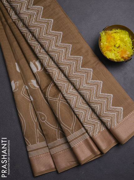 Maheshwari silk cotton saree olive green with butta block prints and thread woven border