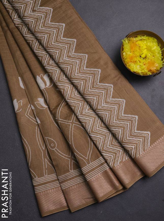 Maheshwari silk cotton saree olive green with butta block prints and thread woven border