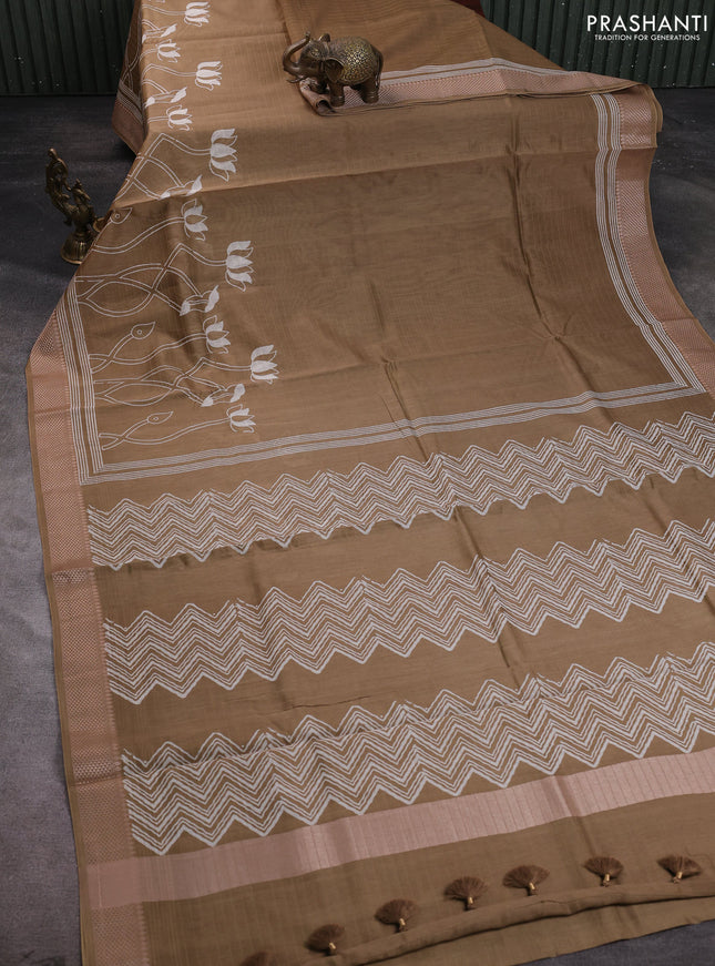 Maheshwari silk cotton saree olive green with butta block prints and thread woven border