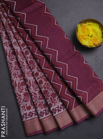 Maheshwari silk cotton saree beige and maroon with allover block prints and thread woven border